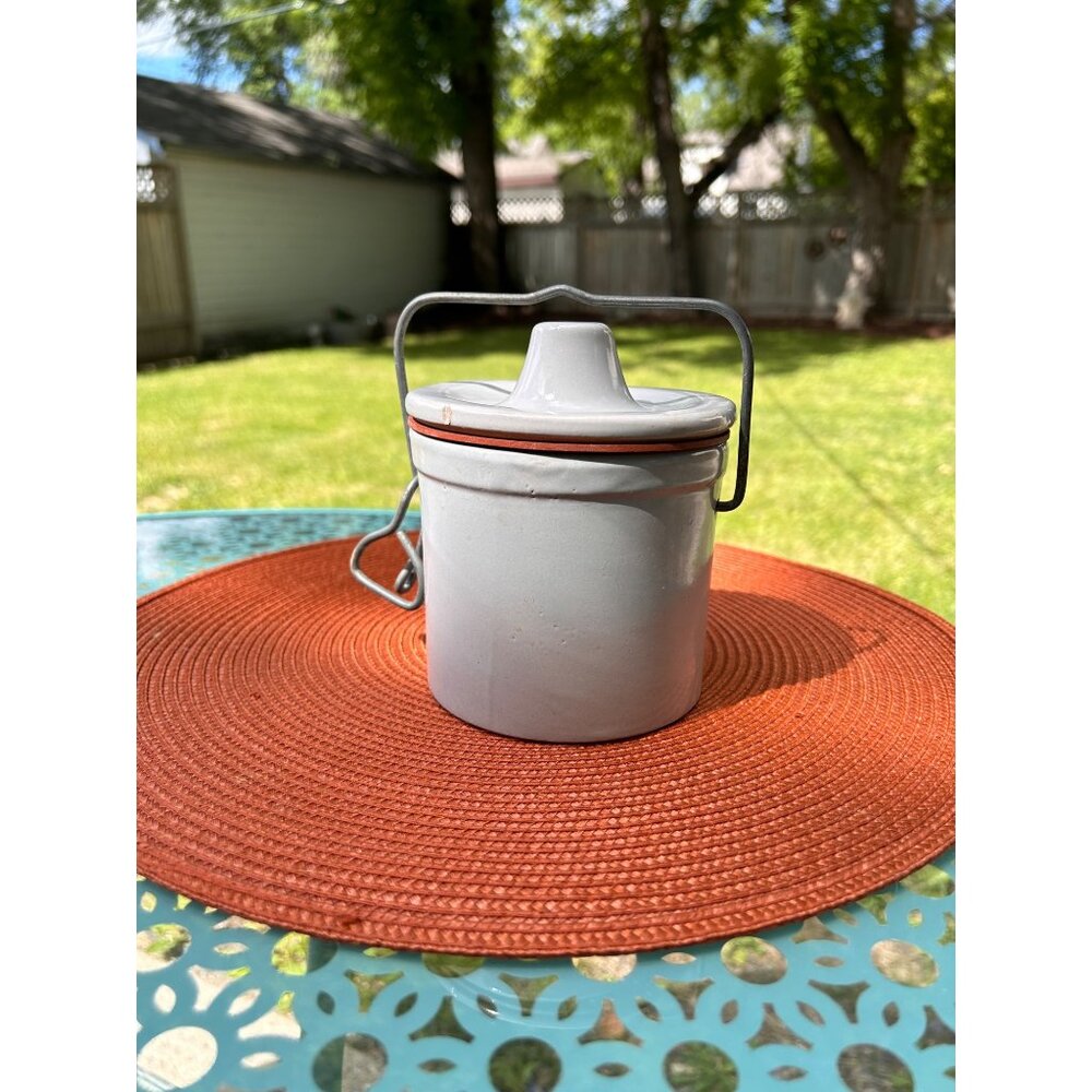 Vintage Gray Ceramic Cheese Crock Pot with Wire Clasp & Lid 5" Tall